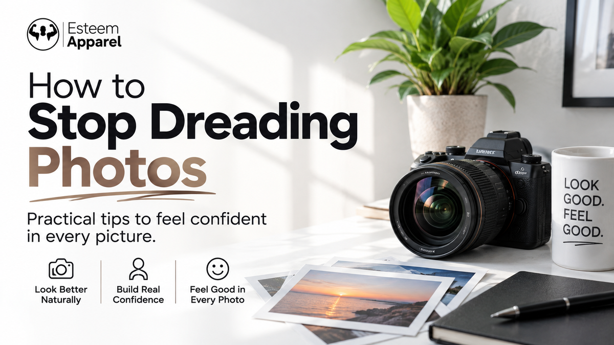 Esteem Apparel “How to Stop Dreading Photos” blog banner featuring a light photography-themed layout with a camera, printed photos, and confidence tips for looking and feeling better in pictures.