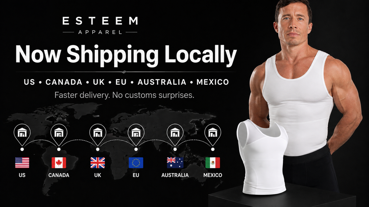 Esteem Apparel local shipping banner featuring a male model wearing a white compression tank, a folded white compression shirt, and a world map highlighting local shipping in the US, Canada, UK, EU, Australia, and Mexico.