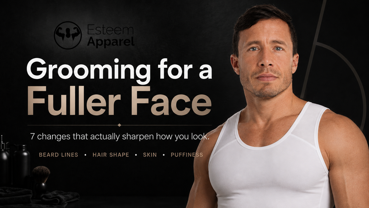 Esteem Apparel grooming guide banner featuring a man wearing a white men’s compression shirt with tips for beard lines, hair shape, skin, and facial puffiness.