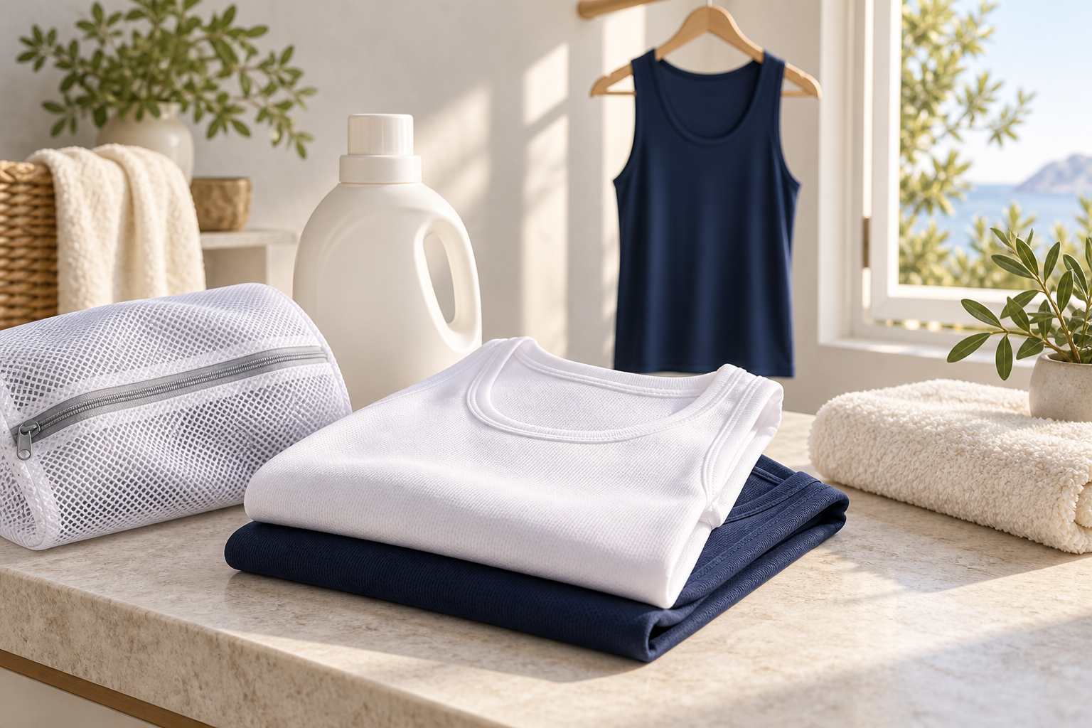 Illustrated laundry setup with folded undershirts and a shirt air drying