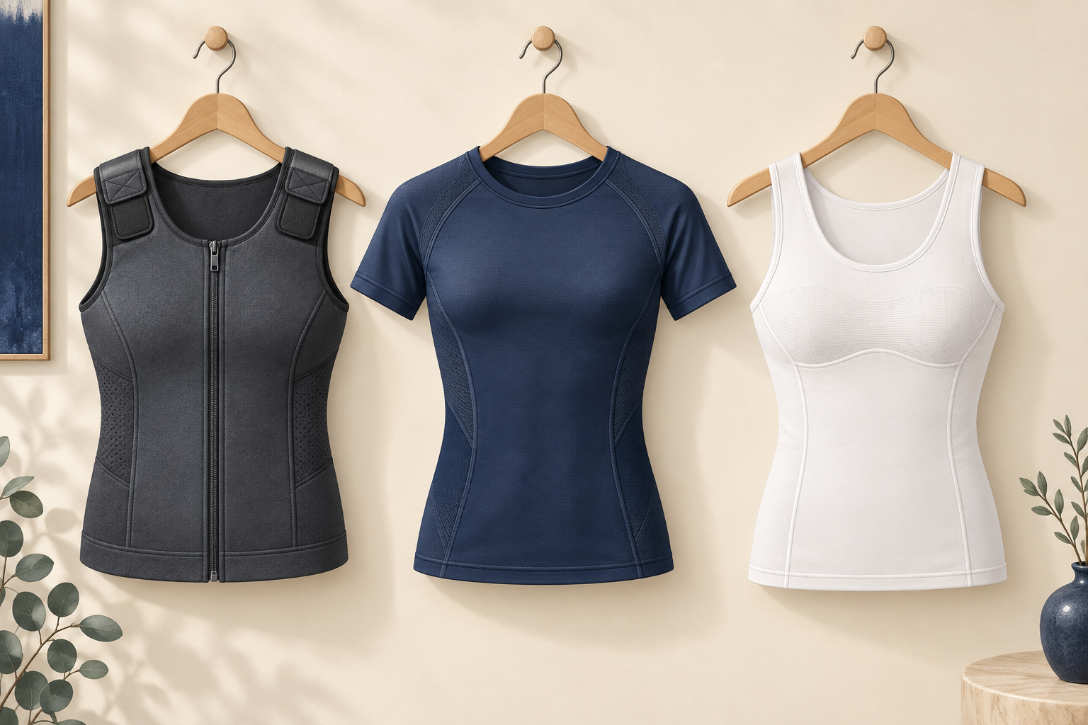Illustration comparing a front-opening vest, athletic shirt and shaping undershirt