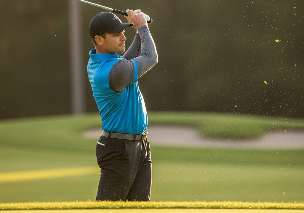 Man swinging a golf club in a blue polo over a gray compression base layer on a golf course, men’s compression shirt