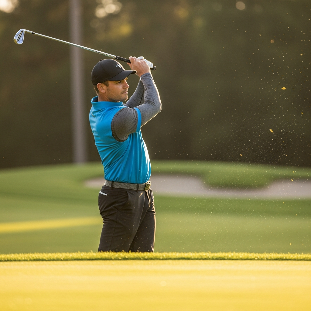 Man swinging a golf club in a blue polo over a gray compression base layer on a golf course, men’s compression shirt