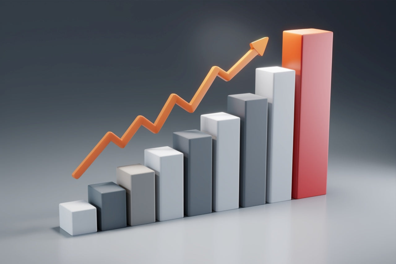  Orange zigzag line on white bar chart shows upward trend