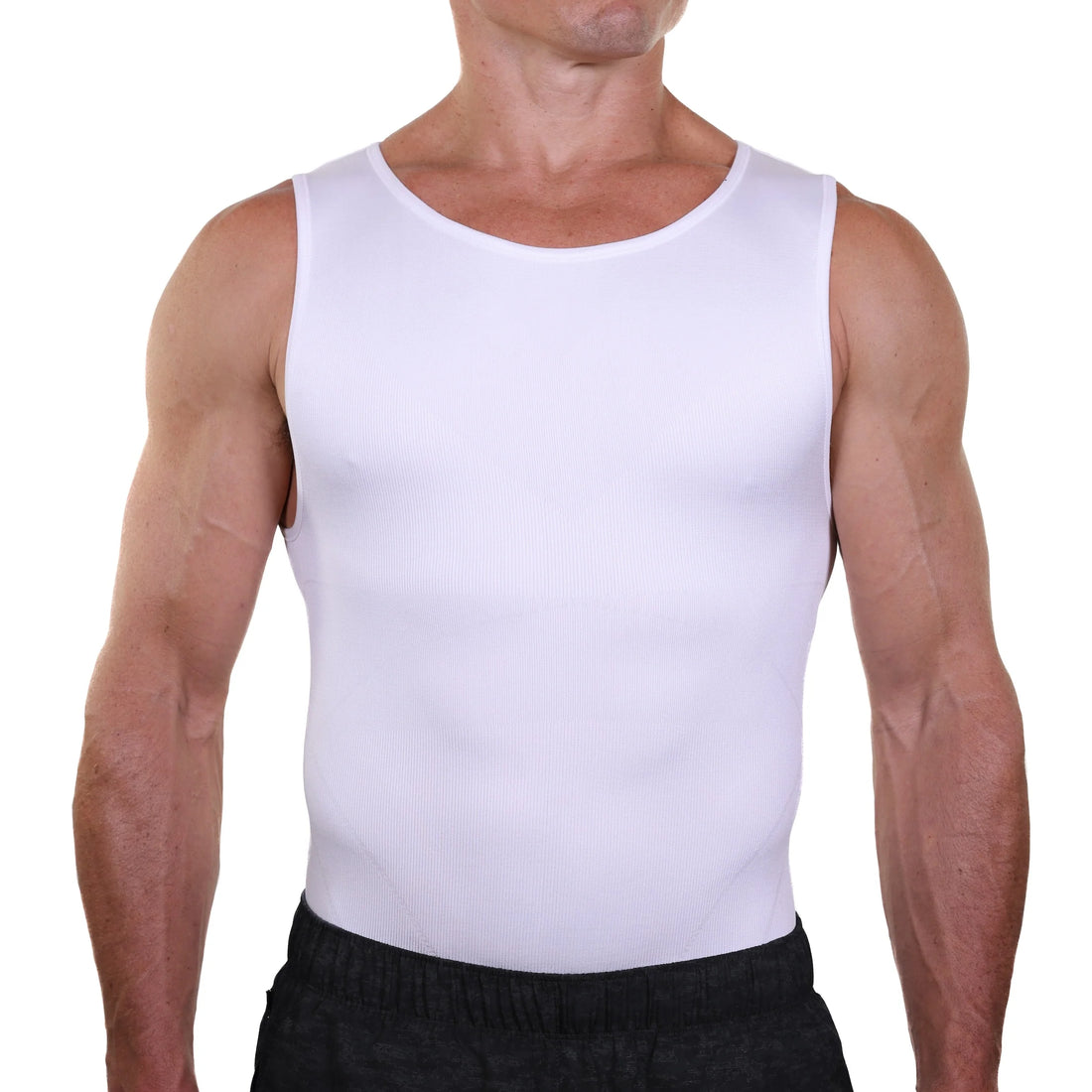 Men’s white seamless compression tank in a clean front product view, compression undershirt for men