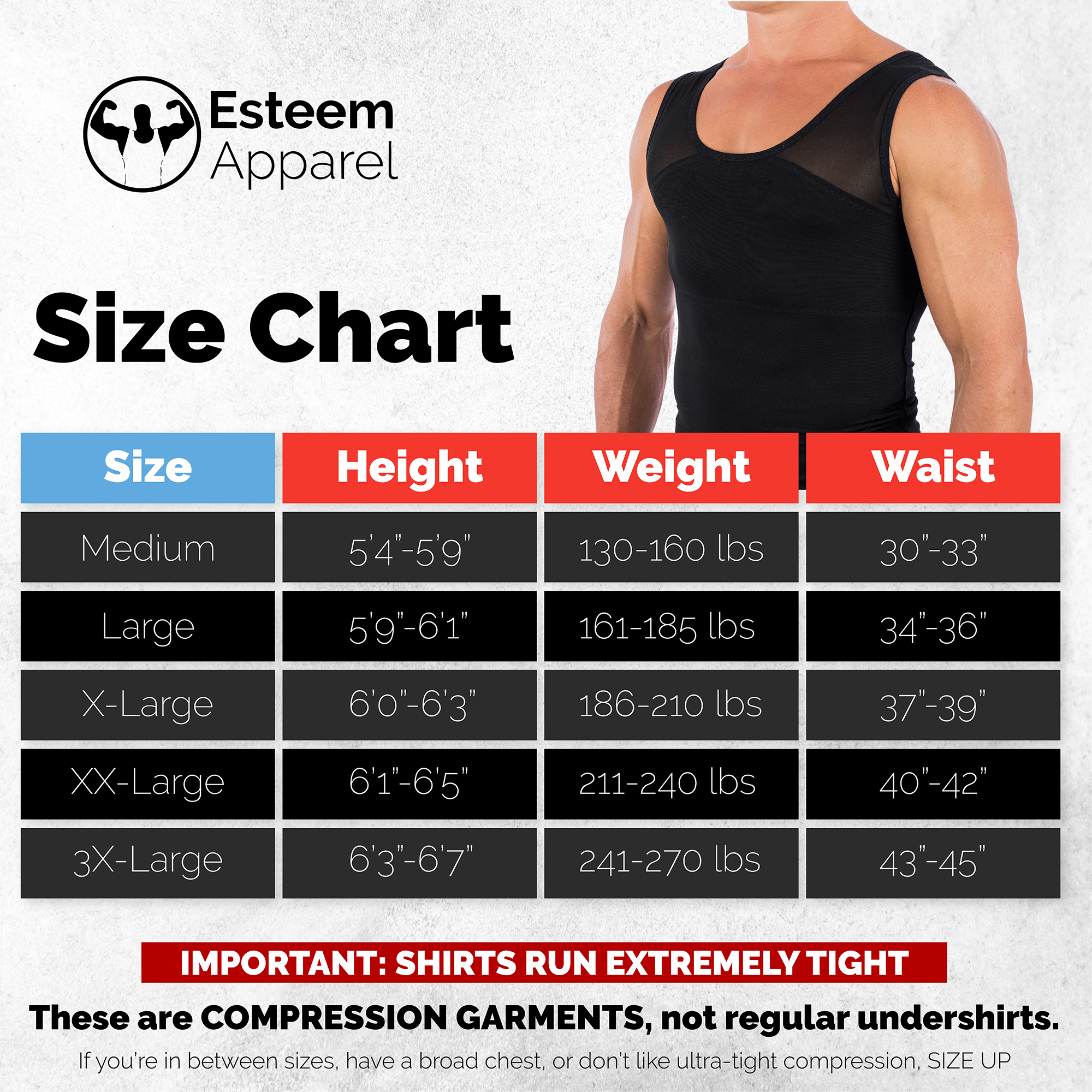 esteem apparel compression chest binder sizing chart