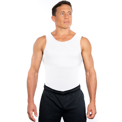 Man wearing a white tank top and black shorts on a white background esteem apparel