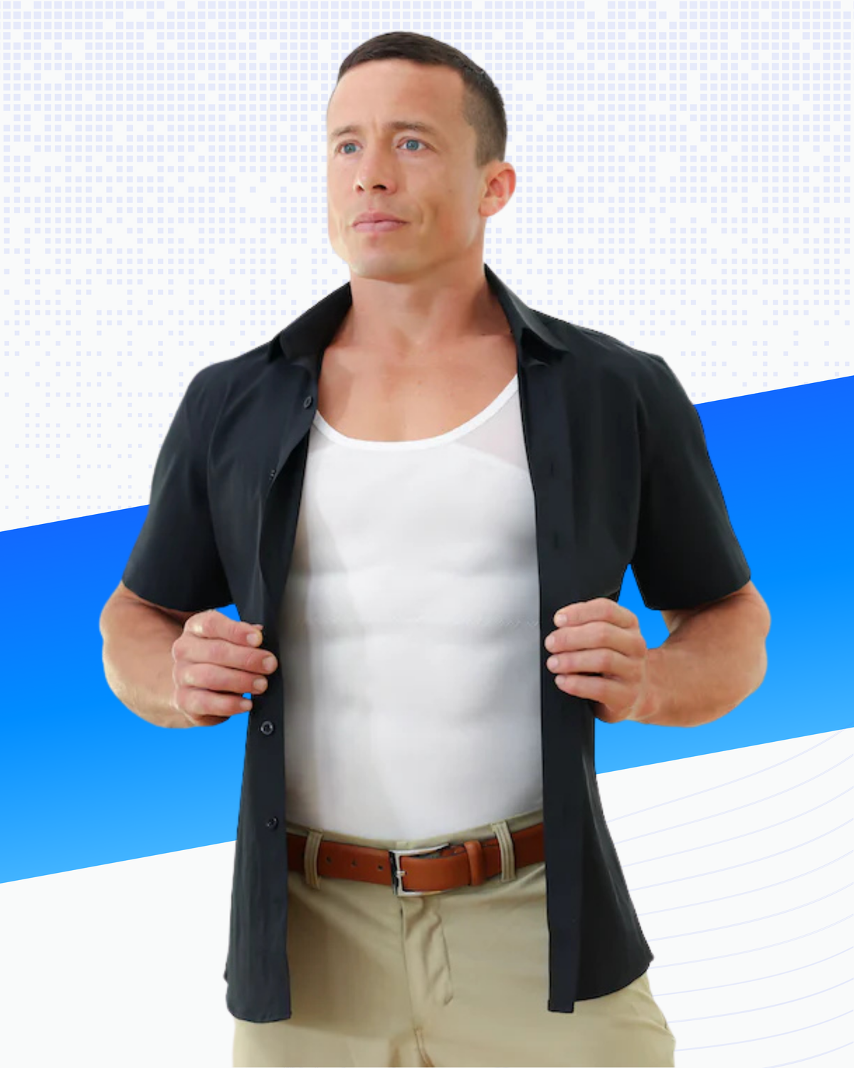 Man wearing a black compression undershirt for men over a white undershirt with a blue and white background