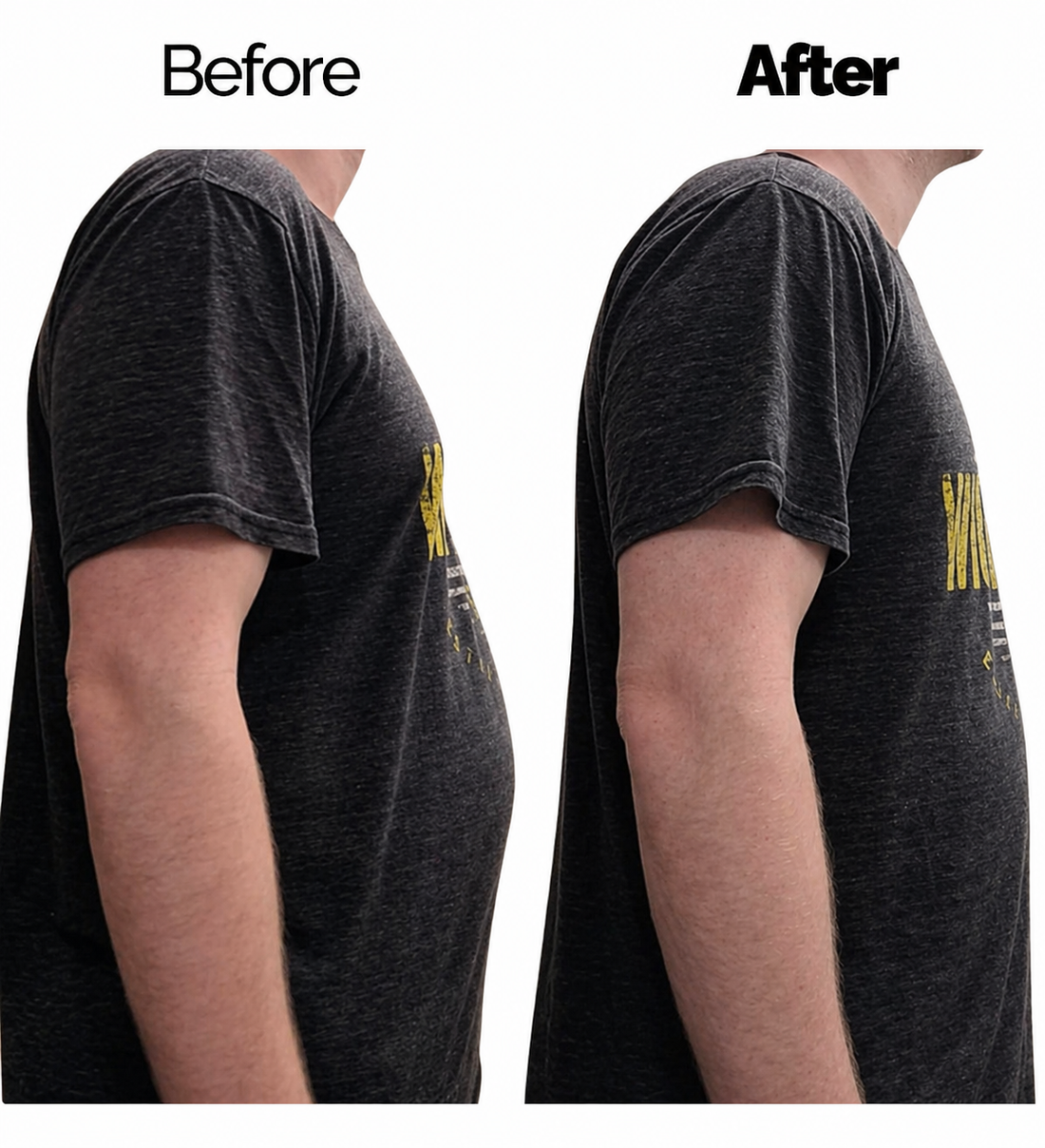 “Before and after side profile comparison showing a flatter chest and smoother stomach under a T-shirt, men’s shapewear shirt