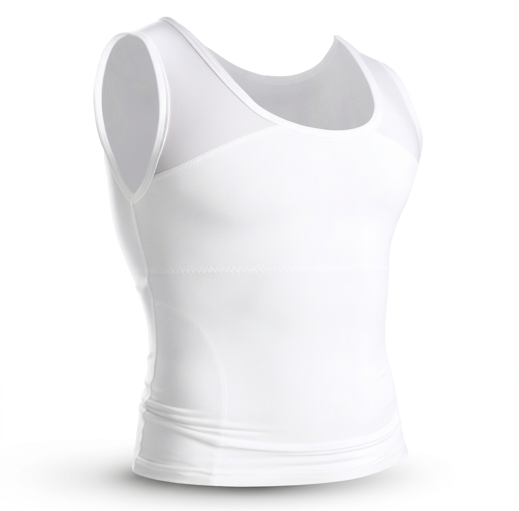 White compression tank displayed on a plain background with built-in chest support, Esteem Apparel compression tank