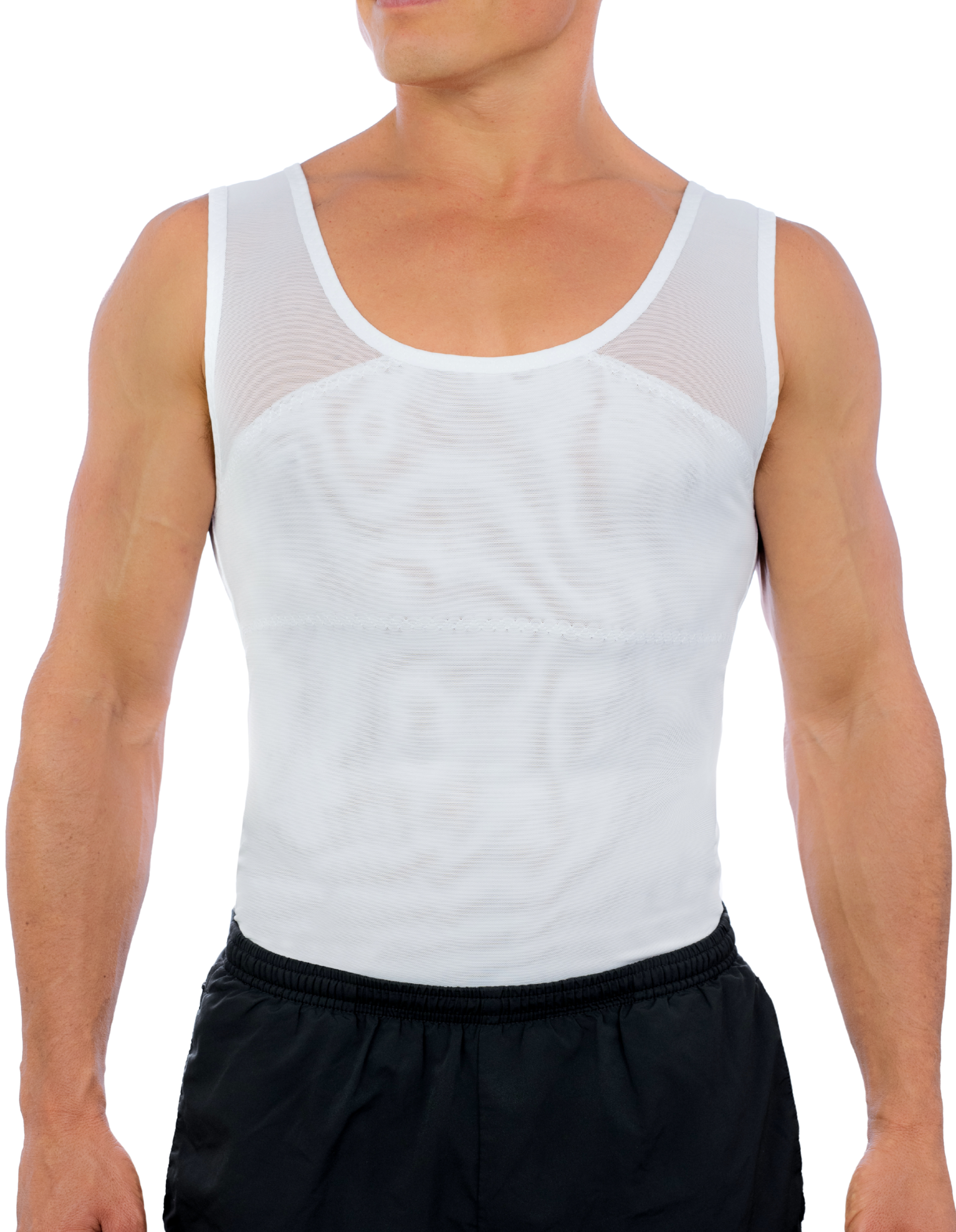Men’s white compression tank with mesh shoulder panels shown in a front product view, Esteem Apparel compression tank