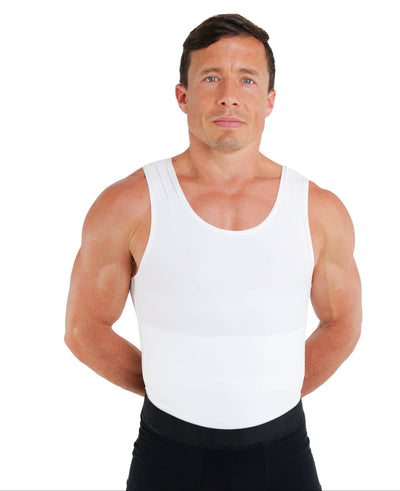 Men’s white compression tank in a clean front product view, compression undershirt for men