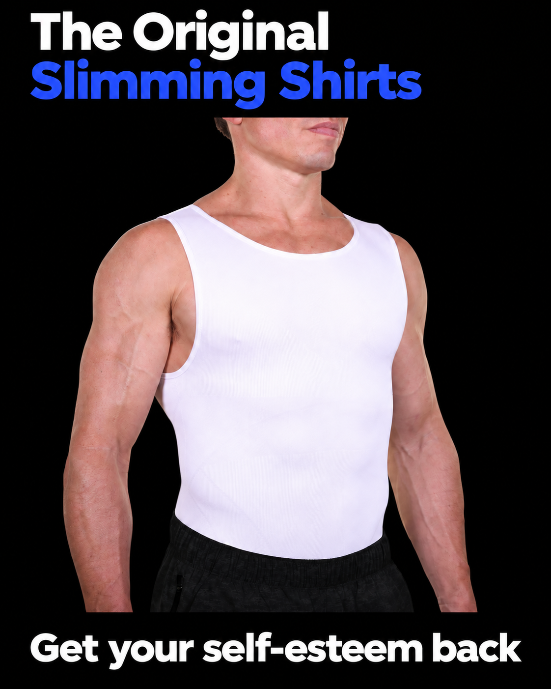 The Original Slimming Shirts graphic with model in white compression tank against black background
