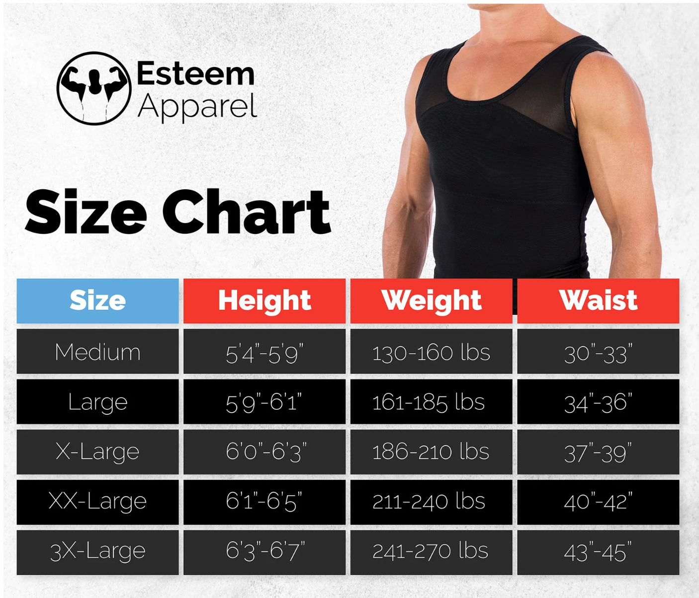 Esteem Apparel compression shirt size chart