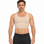Model wearing the Esteem seamless cropped chest binder in beige