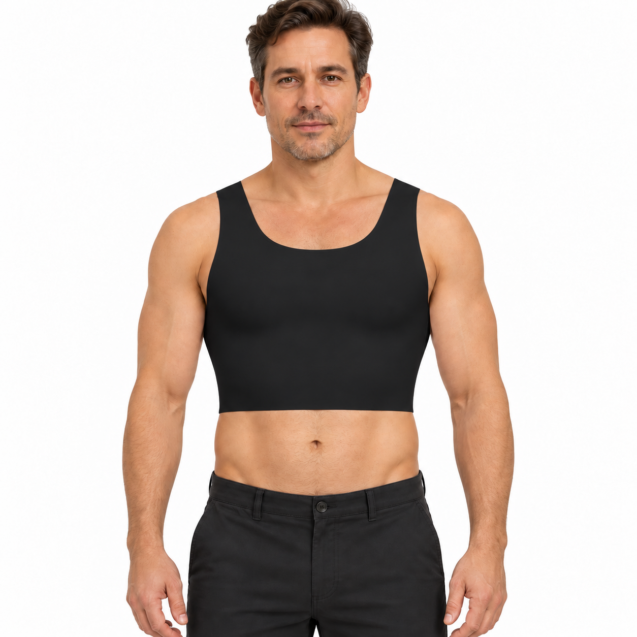 Model wearing the Esteem seamless cropped chest binder in black