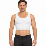 Model wearing the Esteem seamless cropped chest binder in white