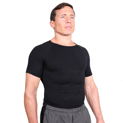 Men’s black compression shirt in a front three-quarter product view, men’s compression shirt