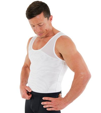 Men’s white compression tank with breathable mesh panels in a side-angle product pose, men’s shapewear shirt