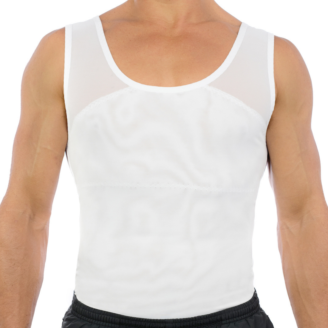 Close-up front view of a white compression tank top designed to smooth the chest and torso, compression undershirt for men.