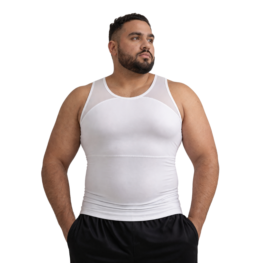 Plus-size man wearing a white compression tank in a clean front product pose, men’s shapewear shirt