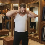 man putting on his Esteem Apparel chest compression undershirt for gynecomastia 