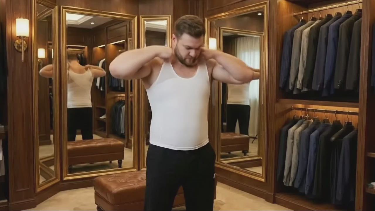 man putting on his Esteem Apparel chest compression undershirt for gynecomastia 