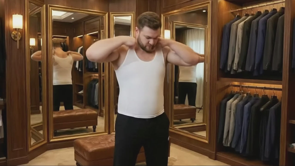 man putting on his Esteem Apparel chest compression undershirt for gynecomastia 