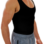 Person wearing a black tank top and gray shorts on a white background esteem apparel