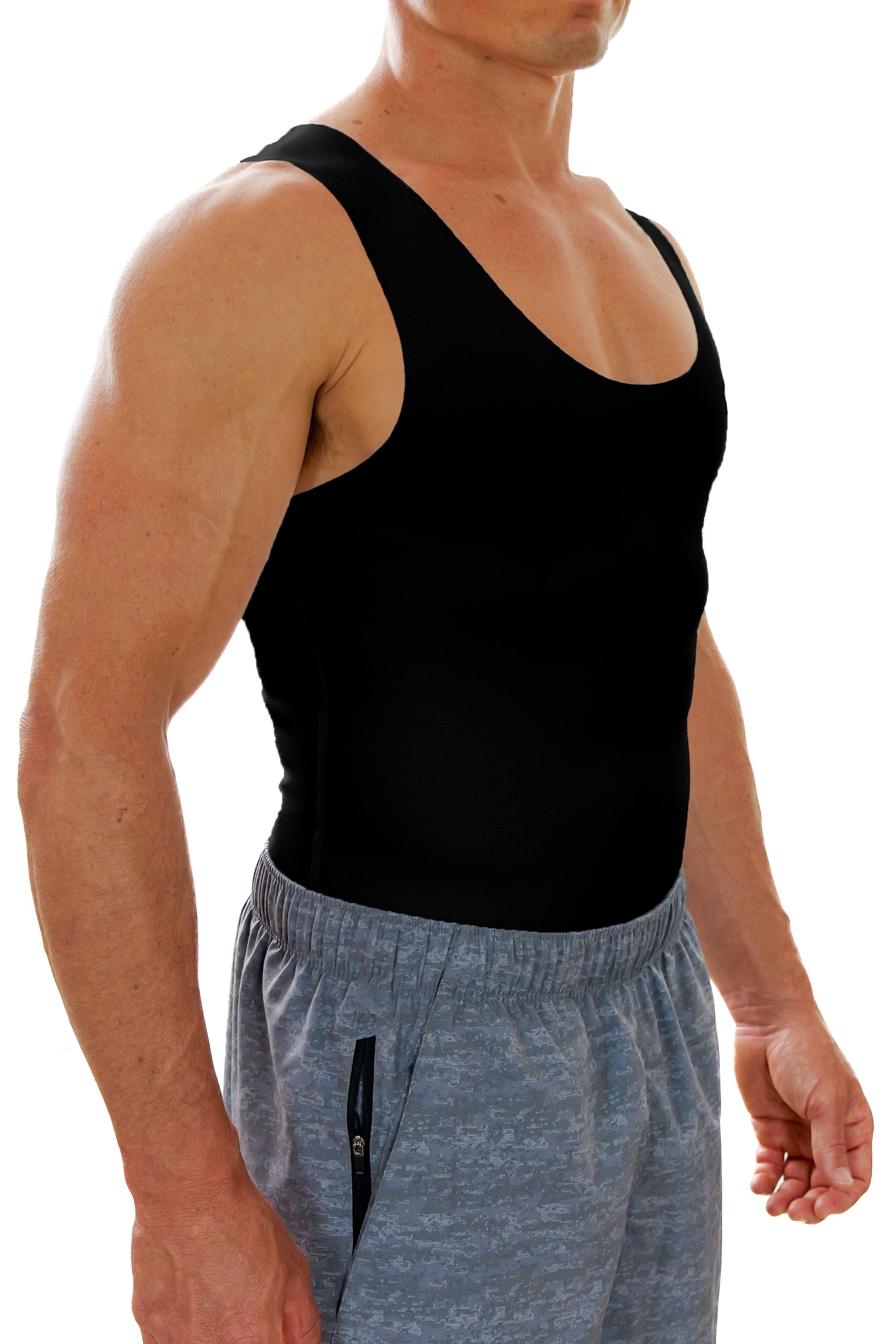 Person wearing a black tank top and gray shorts on a white background esteem apparel