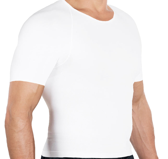 White short-sleeve compression top with a sculpted fit through the chest and midsection, men’s slimming undershirt.